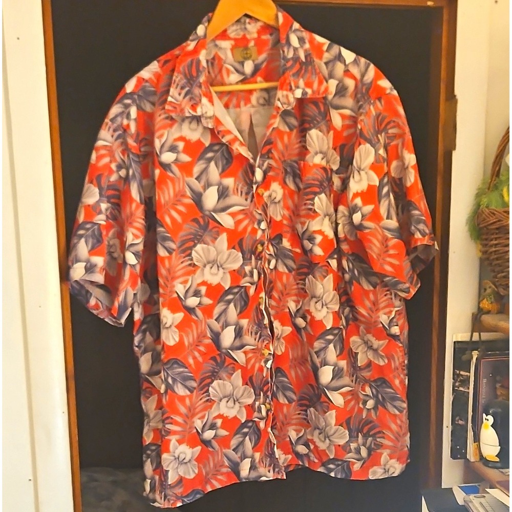 Haband Men's Orange Floral Hawaiian Button-Up Collared Short Sleeve Shirt XL